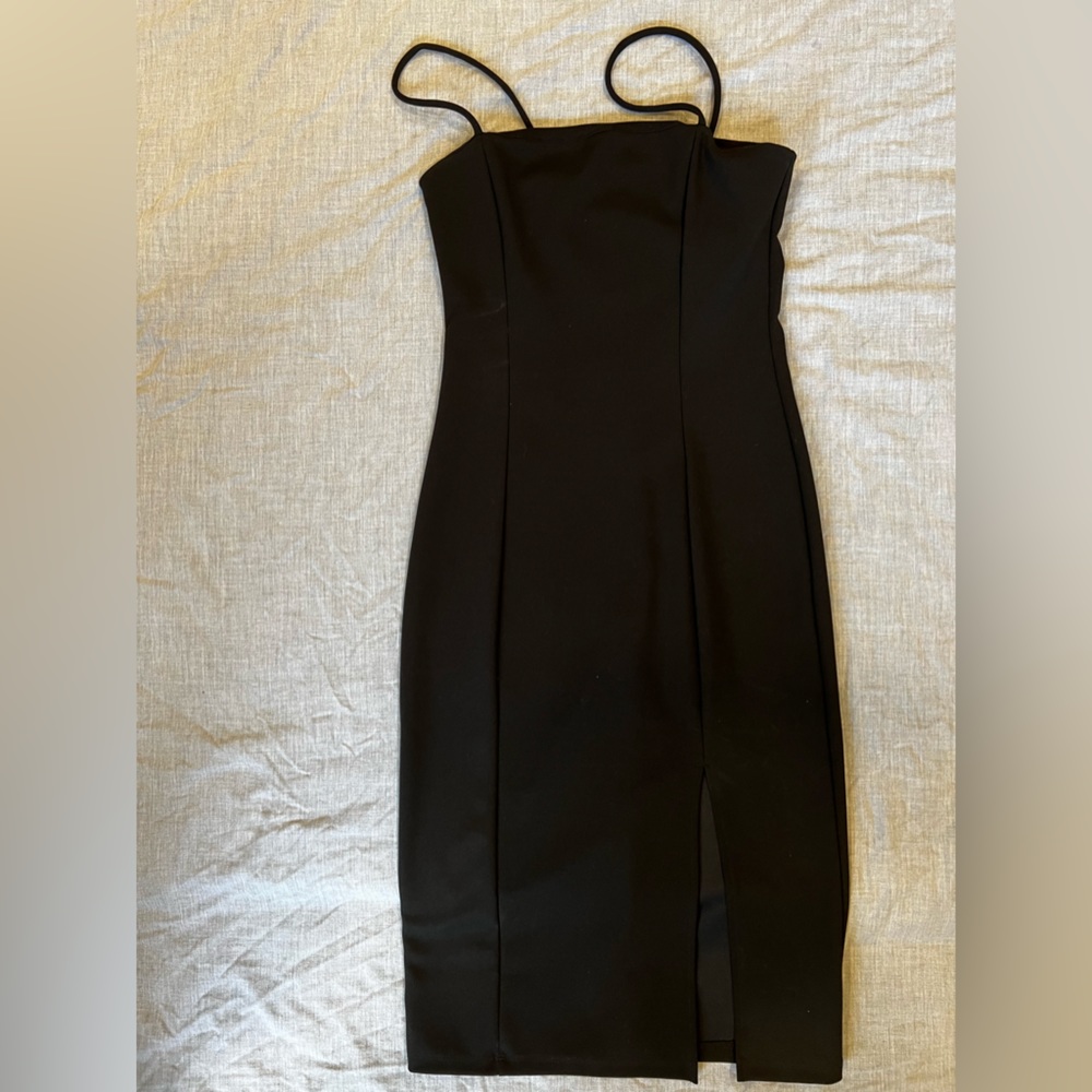 midi length neoprene dress with slit